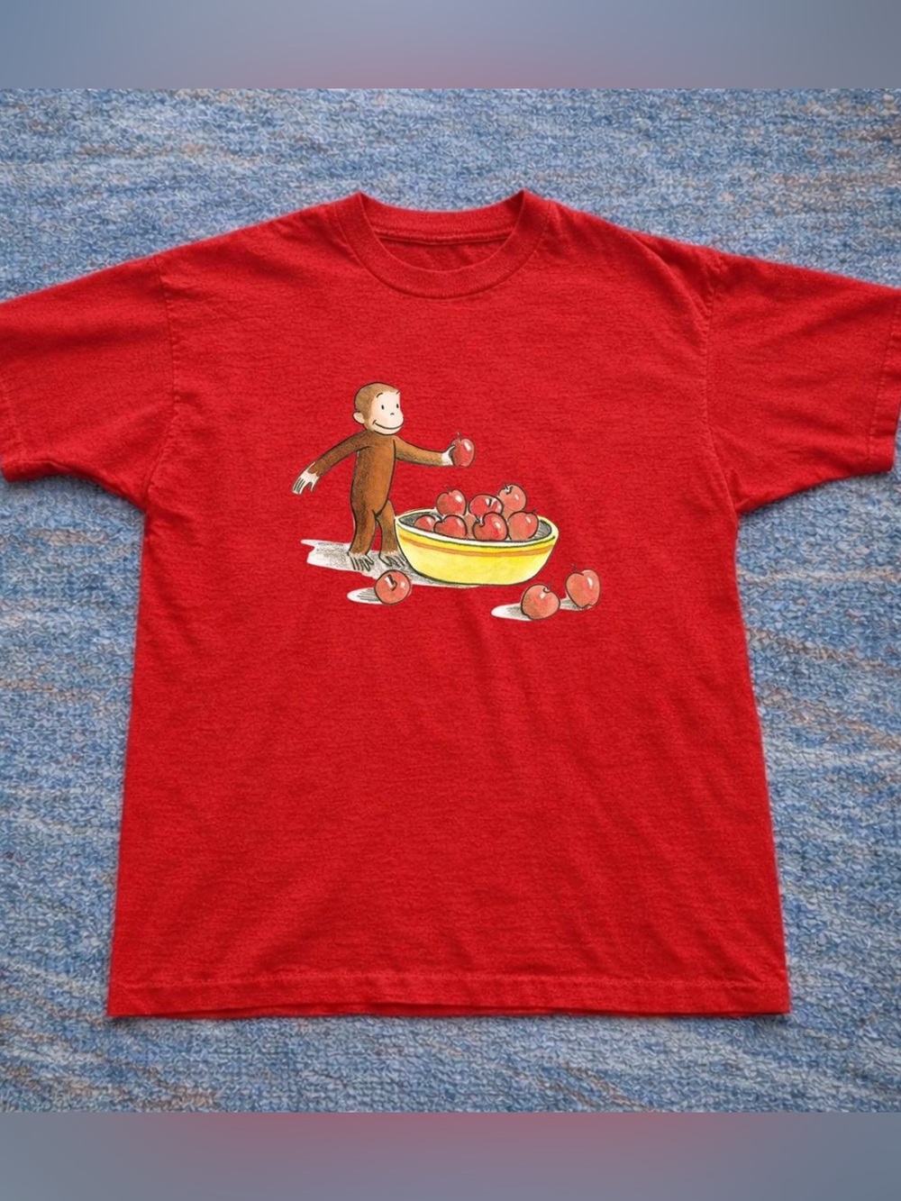Red Curious Monkey & Apple Bowl Graphic Tee For Unisex